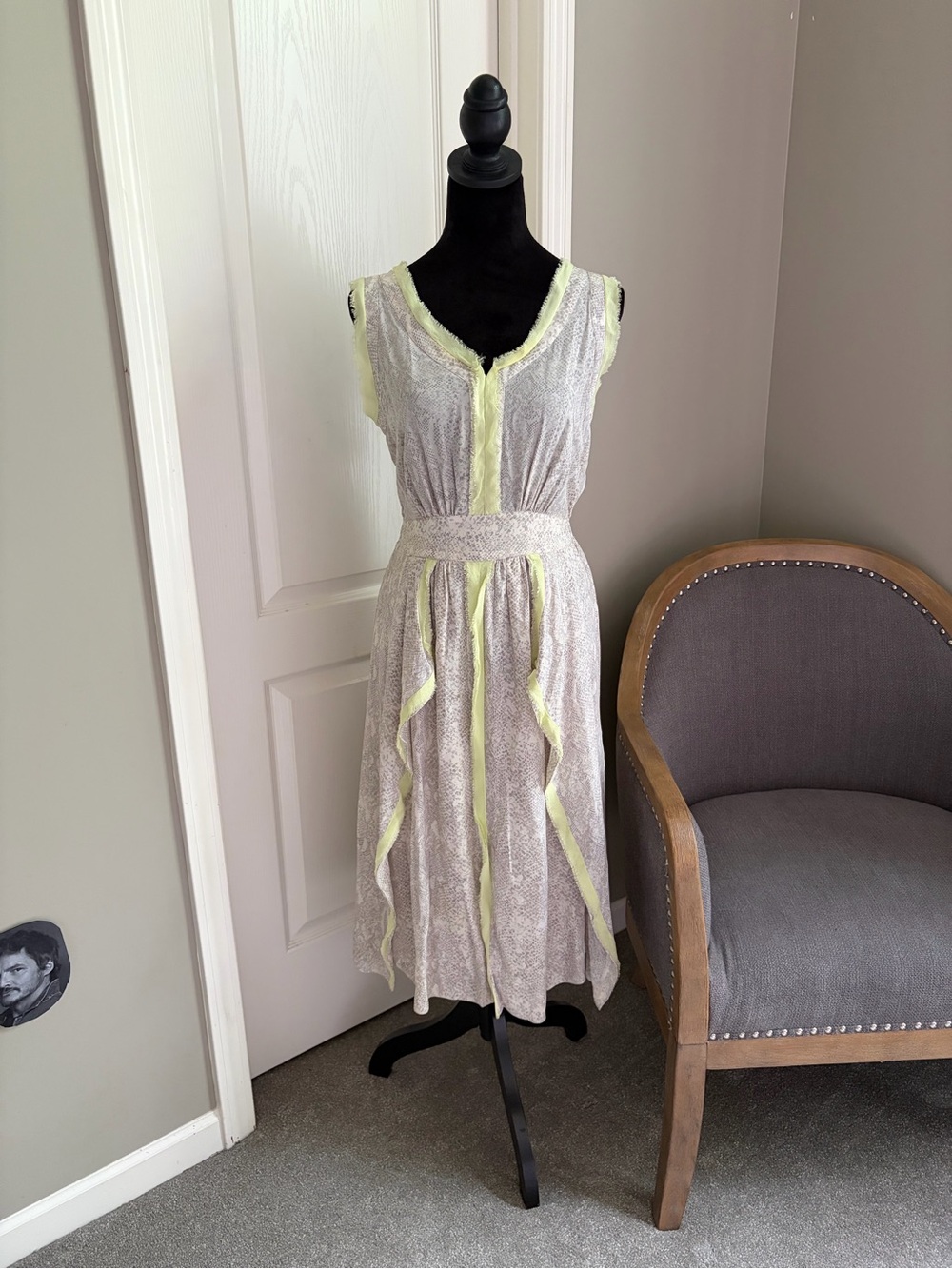 Rebecca Taylor Pale Gray Lace Midi Dress with Pale Yellow Trim
